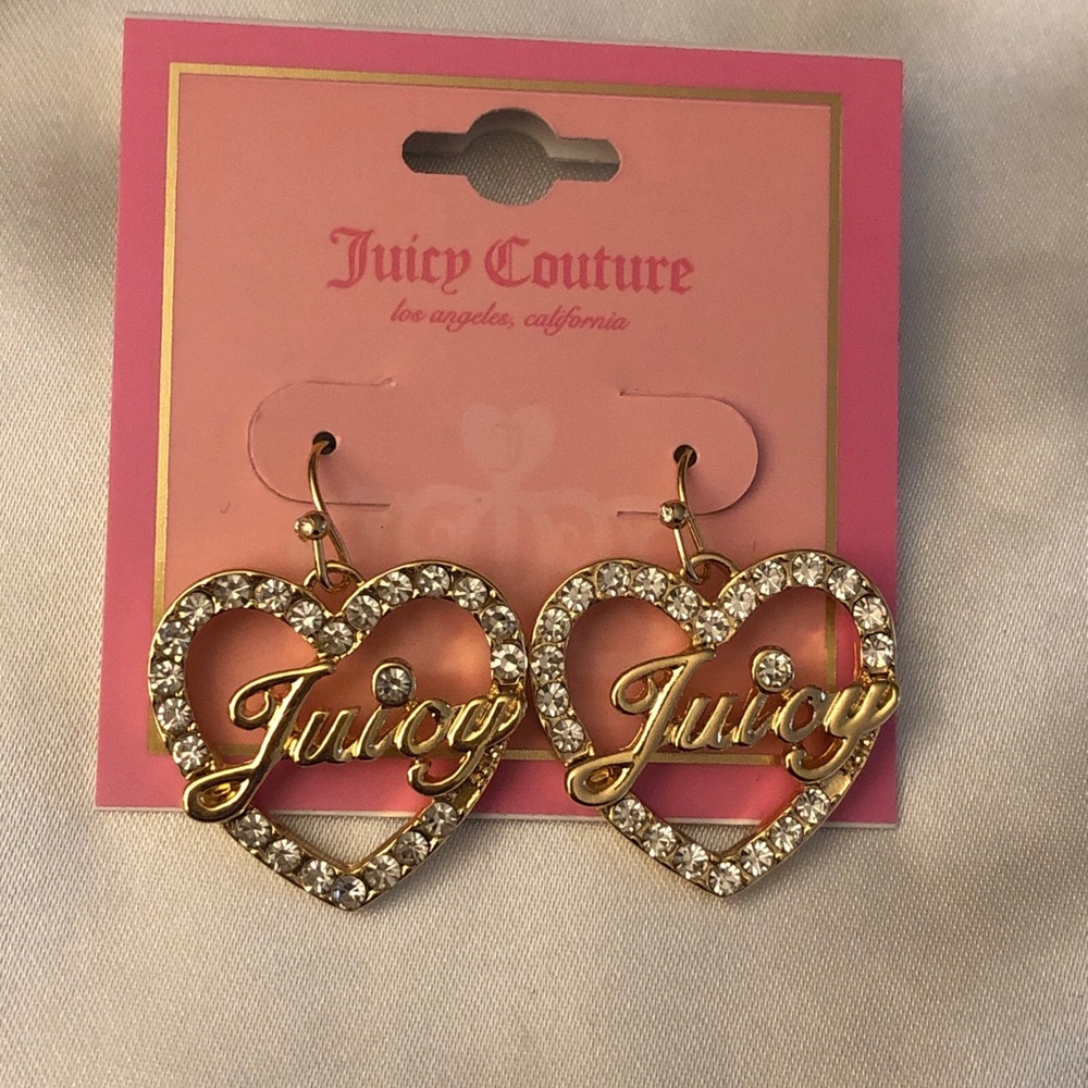Juicy Couture Gold Tone Open Frame Juicy Script Heart Drop Earrings Crystal NWT
